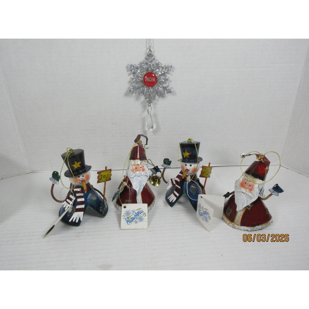 Winter Magic Tin Santa Snowman Ornaments Set 4 & Mom Snowflake Ornament KLY28130